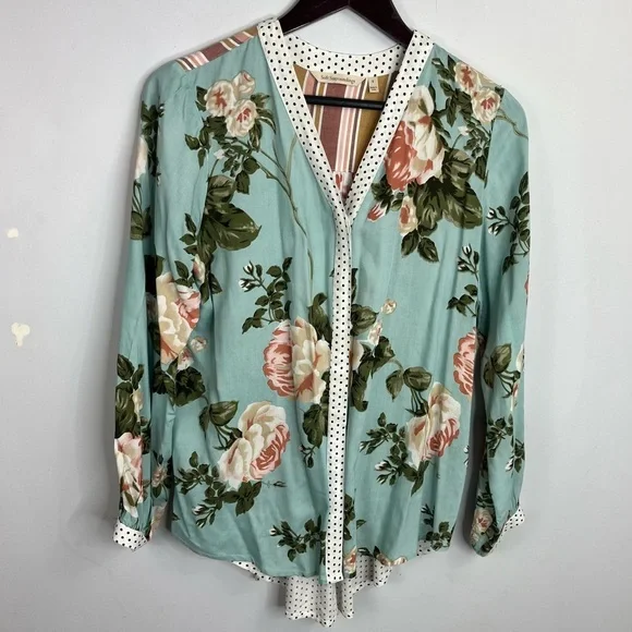 Soft Surroundings Size Small Mixed Print Button Boho Floral Dot Blouse Top KK15 - Picture 1 of 5